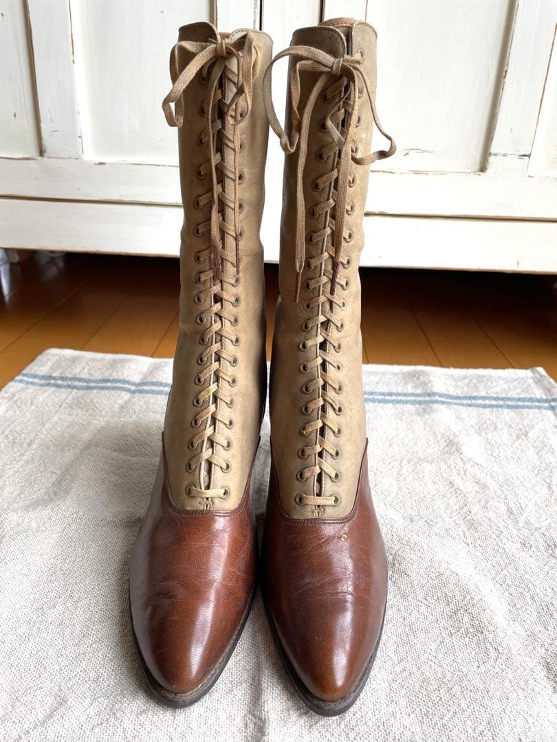 ♡アンティーク　ヴィクトリアン　フランス　レースアップブーツ　ベージュ　ブラウン