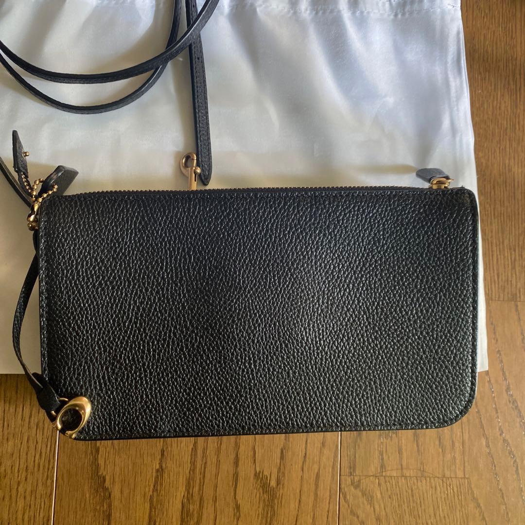 コーチ 黒 レザー 長財布 取り外し可能ストラップ