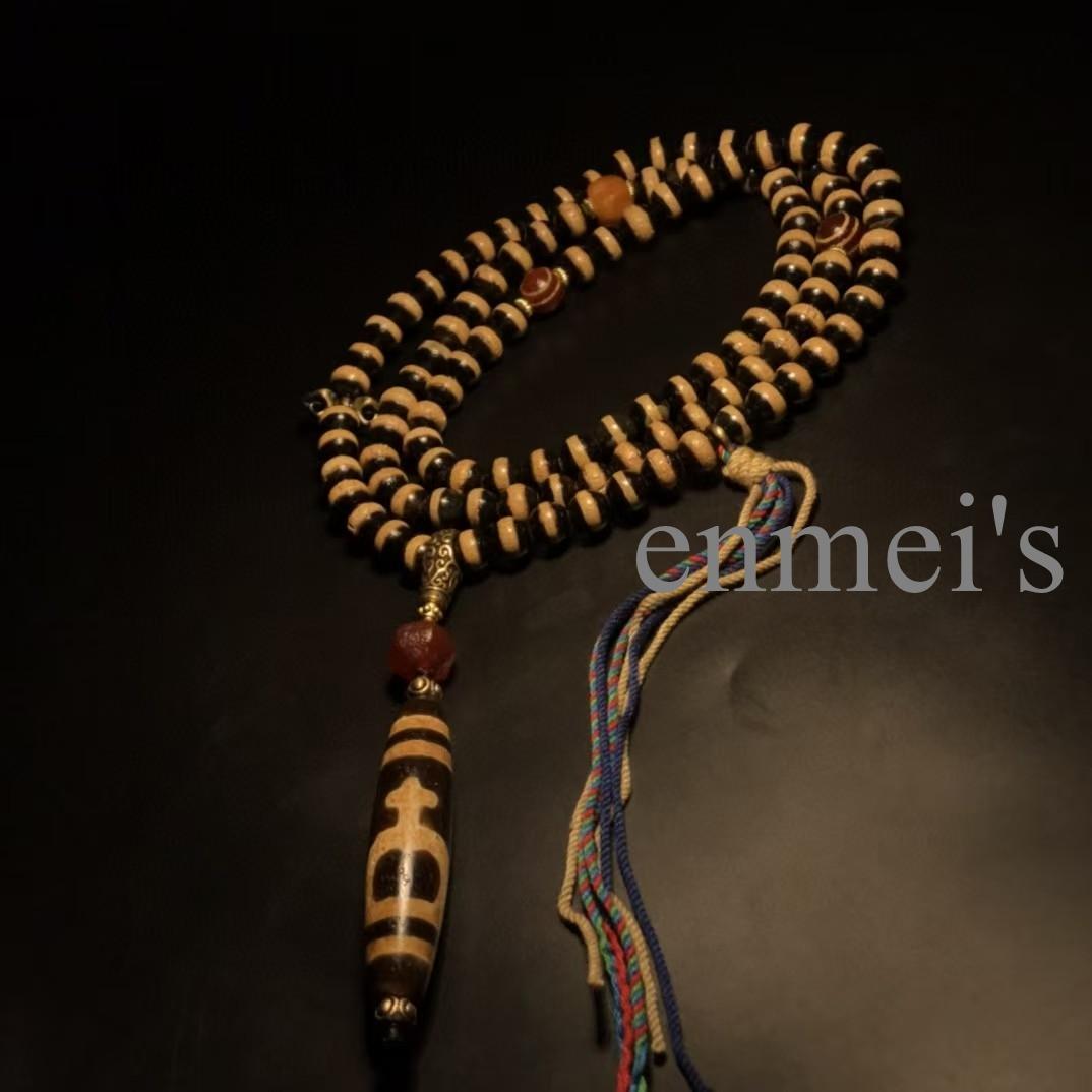 旧蔵チベット・古瑪瑙薬師珠念珠108粒×宝瓶天珠ネックレス・仏珠・文房具・古仏具