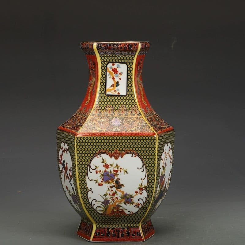 清雍正蒔金花鳥六方瓶 景徳鎮 陶磁器 装飾品 現代工芸品 美術品 置物