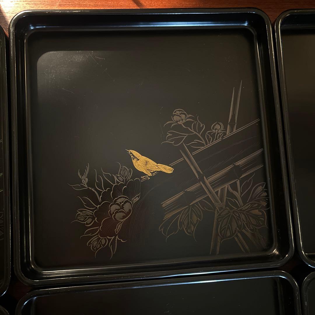 本堅地請合　漆　沈金　お盆×5