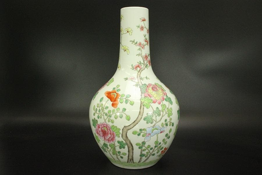 中国美術 色絵 草花紋 瓶 高40.5cm(BB495)